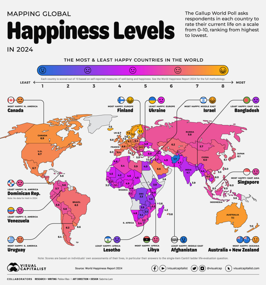 2024 Yılında Ülkelere Göre Küresel Mutluluk Haritası